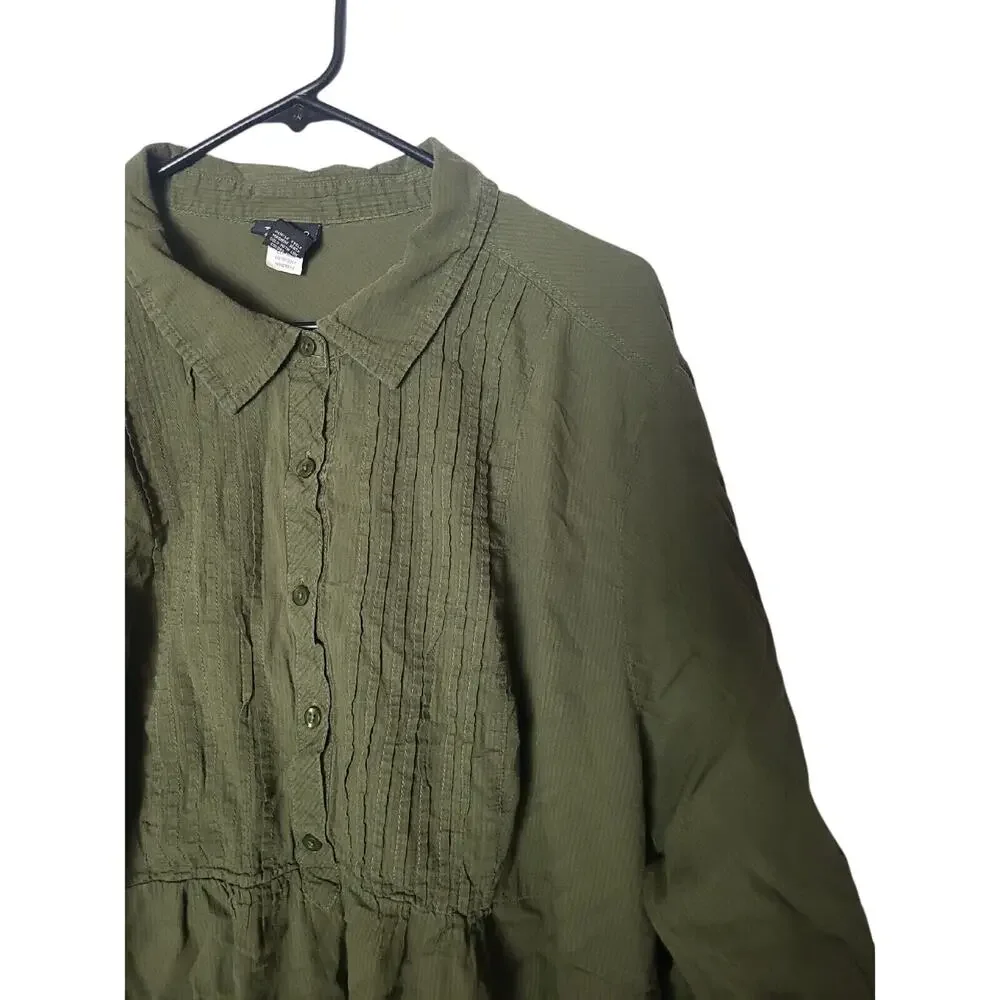 Torrid Olive Green Pintuck 1/2 Button Collared Roll‎ Tab Sleeve Top Womans Sz 5x